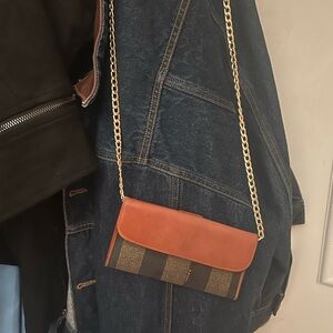 Fendi Pecan Pequin stripe canvas WOC with rare tan leather trim w/ COA!